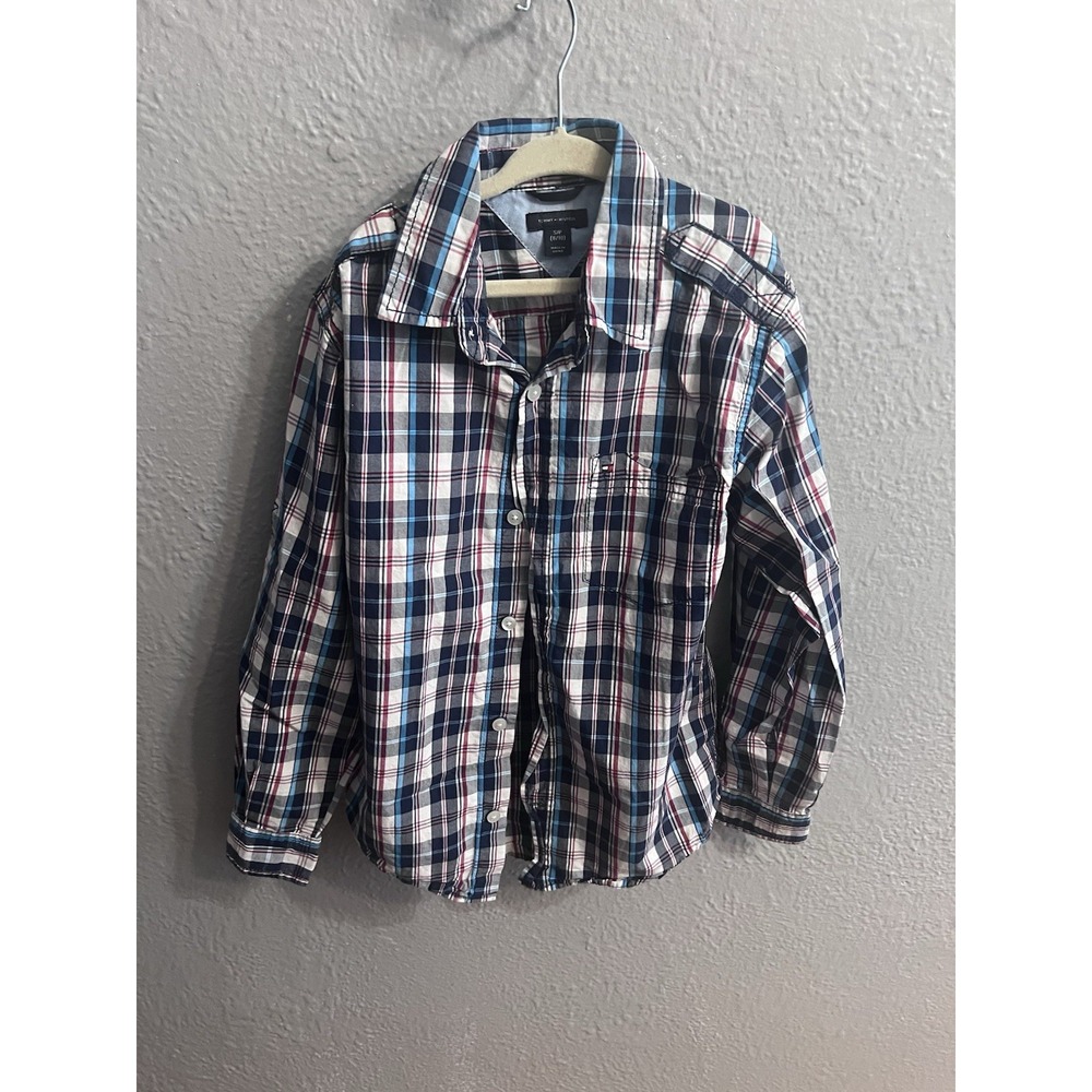 Boys‎ Tommy Hilfiger red white blue long sleeve button up plaid size Small 8/10